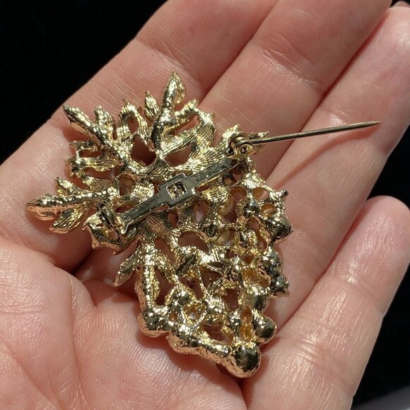 Large Grapes Leaf Pin Rhinestone and Faux Pearls Brooch Stunning Vintage Jewelry - Picture 5 of 5